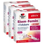 Doppelherz Eisen-Femin Direct mit Vitamin C + B6 + B12 + Folsäure – 14 mg Eisen für die normale Bildung von roten Blutkörperchen – 3 x 20 Portionen Micro-Pellets